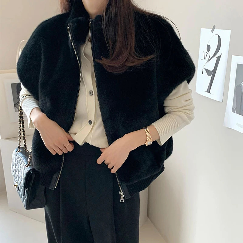EWQ Korean Chic Sleeveless Zipper Mink Fur Vest Coat Solid All-match Women Winter Keep Warm Waistcoats 2024 Autumn 16O2871 241118