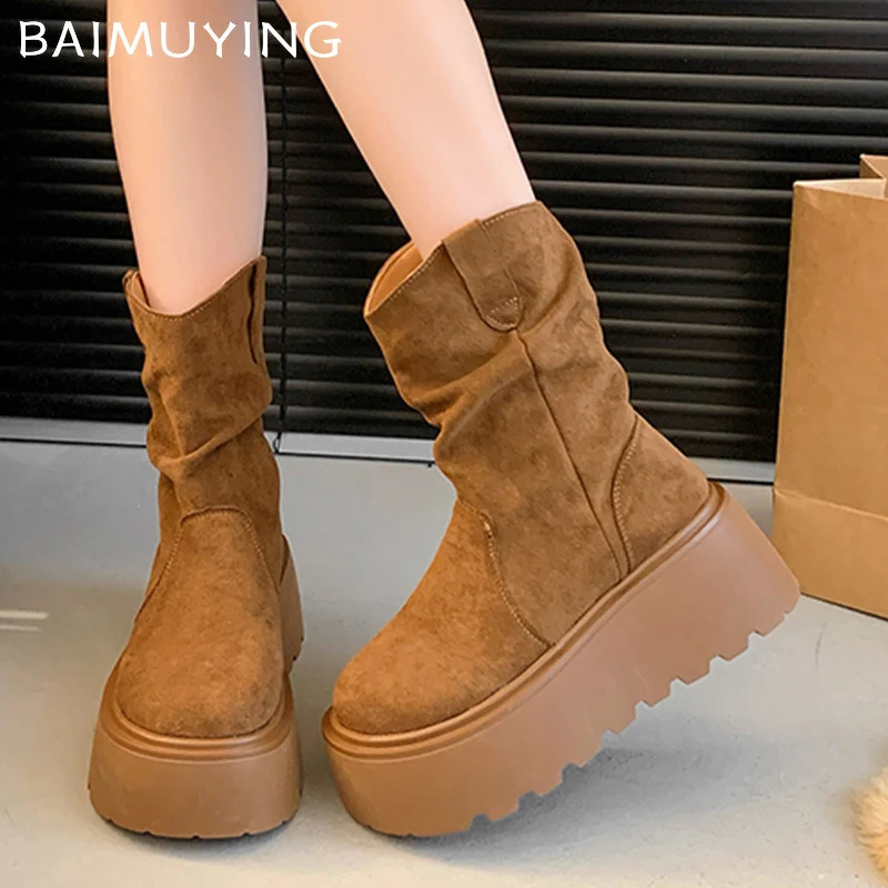 Suede Platform Women Ankle Boots er Mid Heels Shoes Winter Trend Walking Non-slip Winter Botas De Mujer 241118