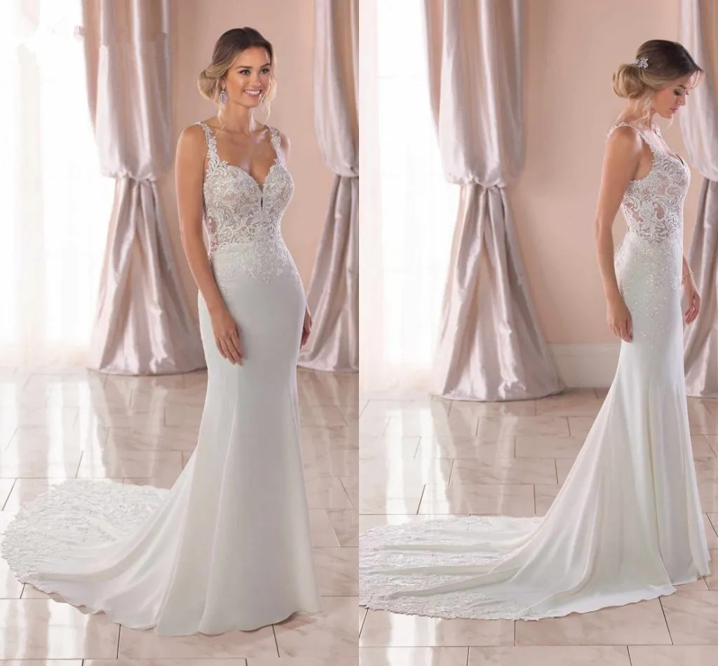 Boho Beach Elegant Satin Mermaid Wedding Gowns With Lace Straps Sexy Backless Fashion Bridal Dresses Sweep Train Simple Lace Appliqued Robes de Mariee
