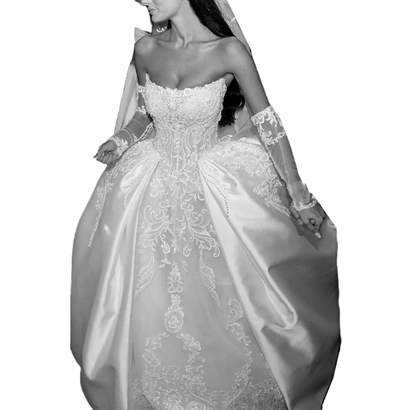 Ball Princess Gown Wedding Dresses Lace Appliques Pearls Beaded Urious Satin Bridal Gowns With Detachable Skirt Chapel Train Strapless Vestido De Novi