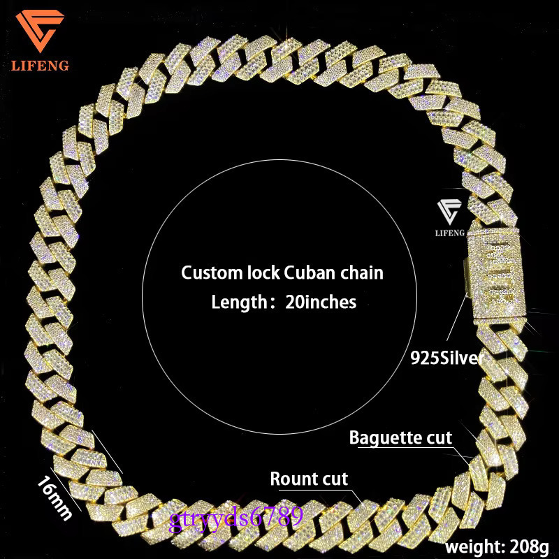 Custom Sterg Sier Iced Moissanite Cuban k Chain New Style 16mm Baguette Cut VVS Dia HipHop Necklace Yellow Gold