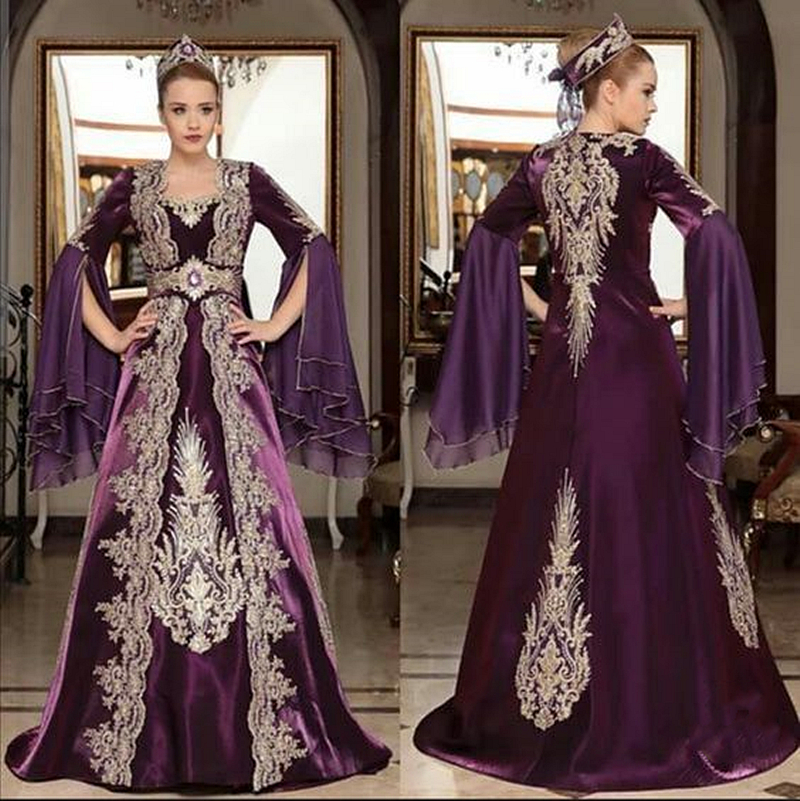 Elegant Turkey Caftan Purple Velvet Evening Dresses With Gold Lace Appliques Crystal Beaded A Line Floor Length Formal Event Gowns Flare Long Sleeves 
