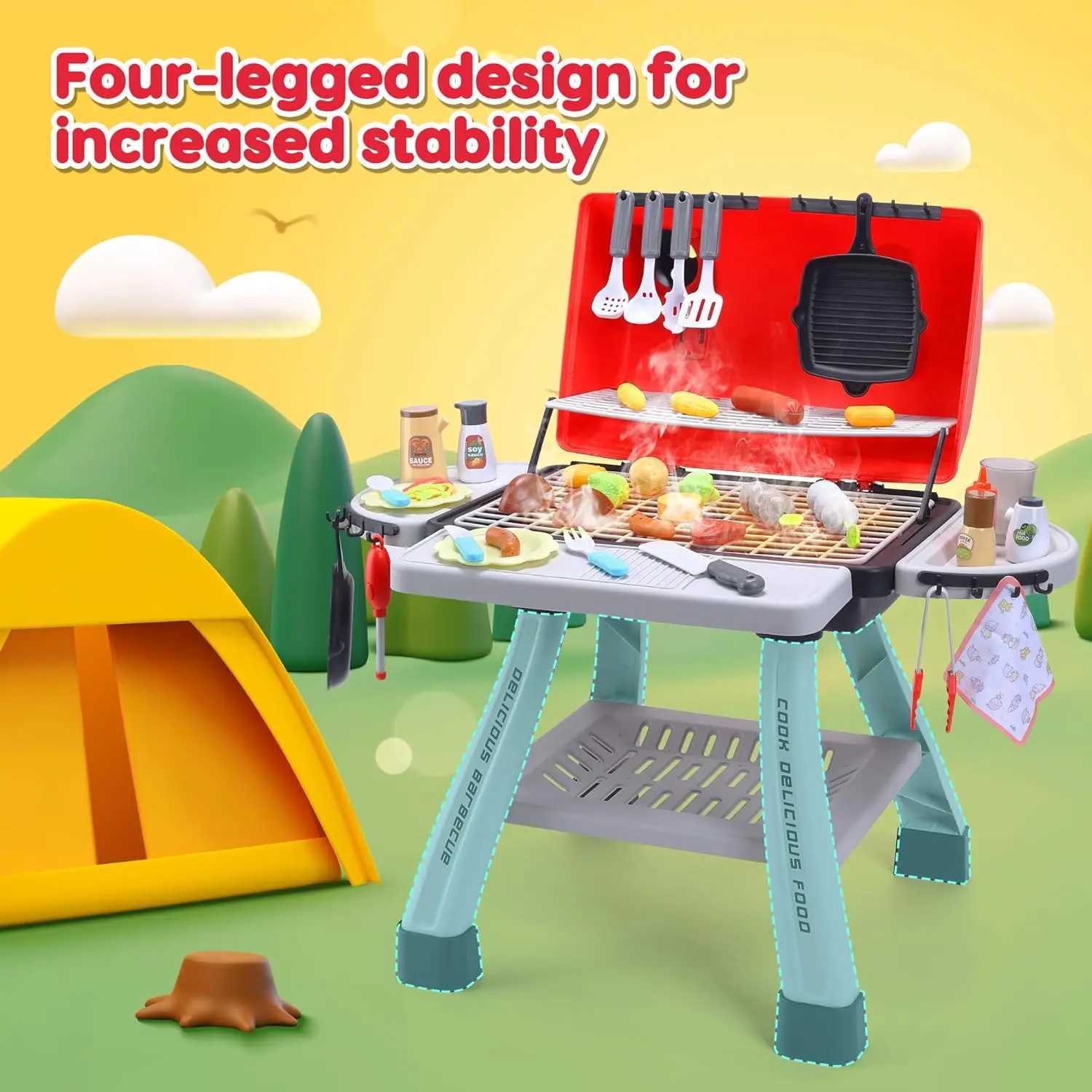 Cute Stone Childrens BBQ Grill ToyKitchen PlaysetRealistic Smoke BBQ Grill Playset with Toy Kitchen Accessories W241119