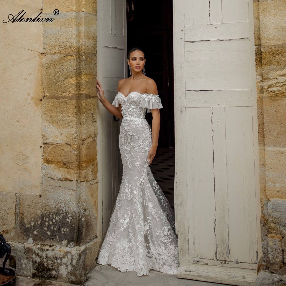Beauty Beading 3D Embroidery Lace Off Shoulder Short Sleeves Mermaid Wedding Dress With Floral Prints Sweetheart Trumpet Bridal Gowns 2024
