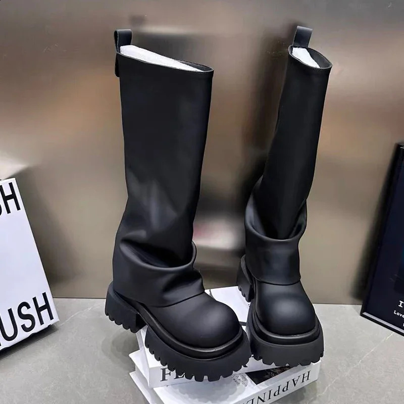 Platform Women High Boots er Mid Heels Motorcycle Boots Fashion Laether Winter Shoes Trend Gladiator Femme Chaussures 241118