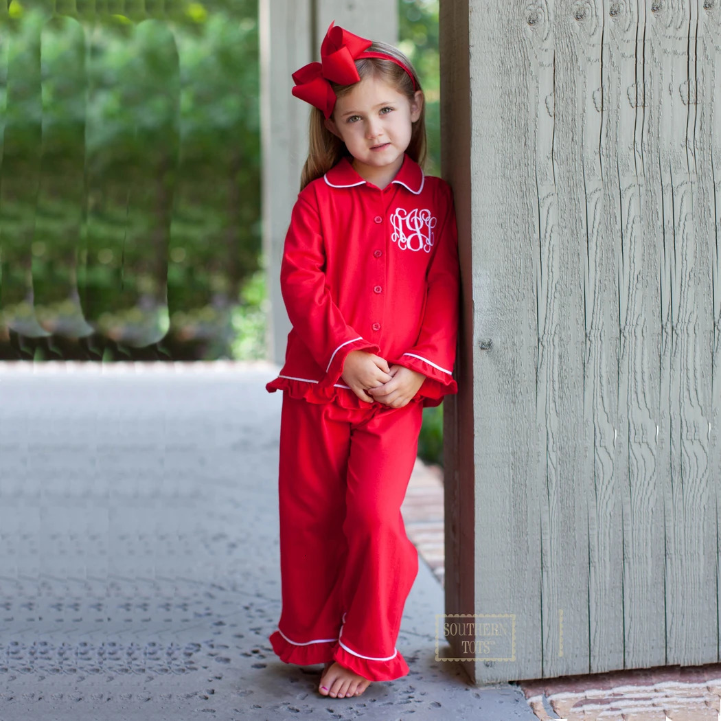 Mudbala Childrens Autumn Cotton Pajamas Sibling Matching Boys Girls Ruffle Pajamas Button Up Homewear 241118