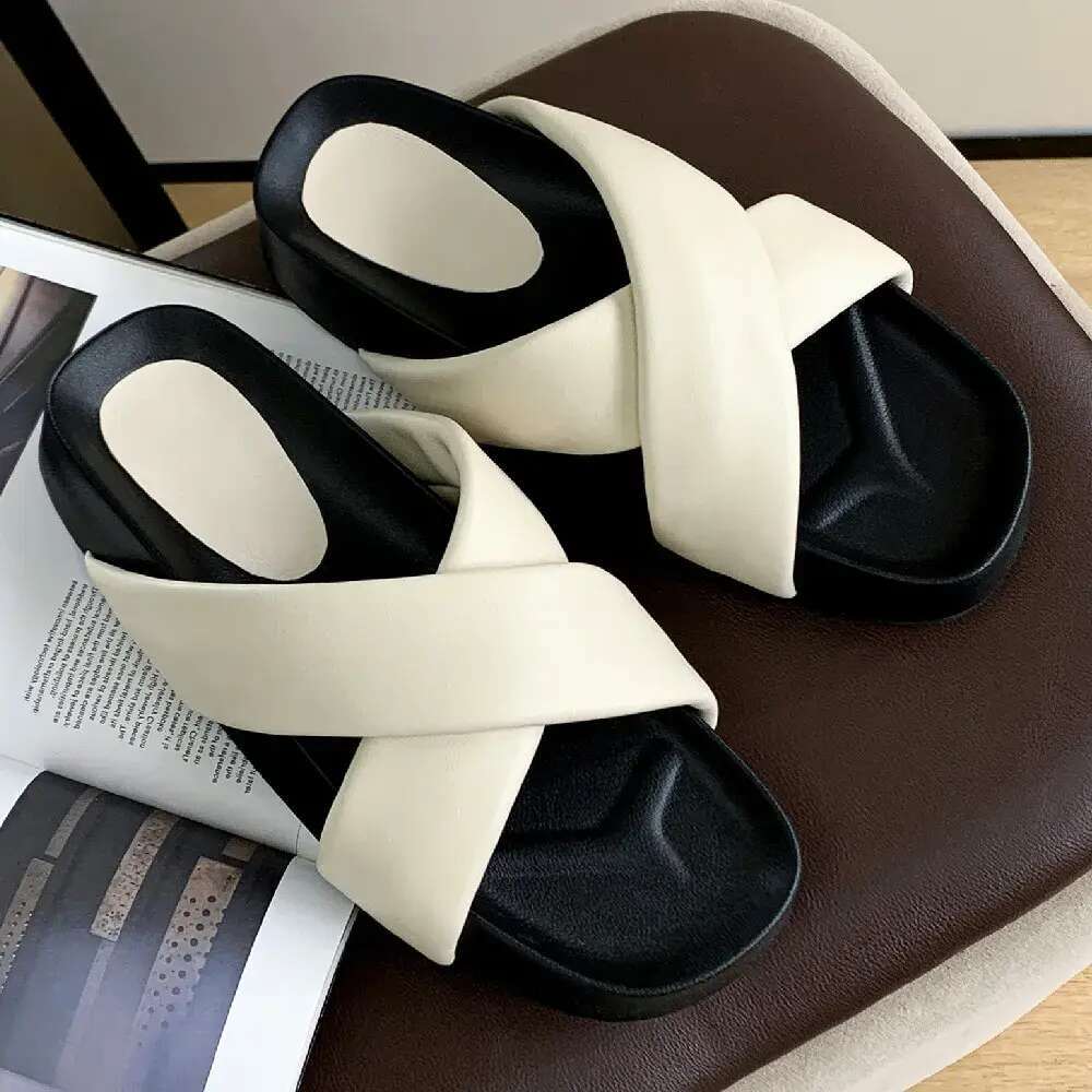 Women's thick sole platform slip-on summer slippers soft comfortable sheepskin casual female sandals open toe slides shoes women b010