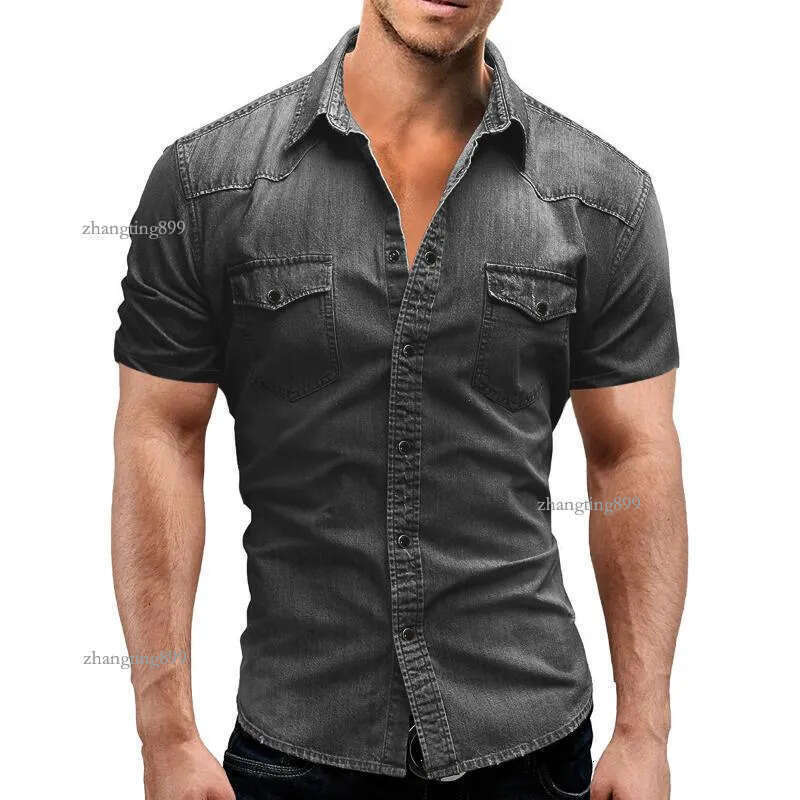 Men Spring Summer Denim Thin Shirt Short Sleeve Soft Cotton Two Pockets Slim Slight Elastic Jeans Cowboy Clothing Men's Casual Shirts