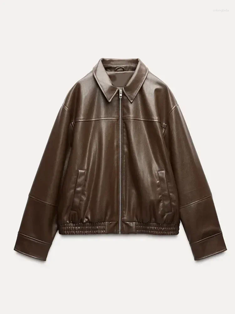 Women's Jackets Women Brown Long Sleeve Lapel Leather Jacket Fashion Zipper Pockets Loose Coats Autumn Winter Lady High Street Outerwear