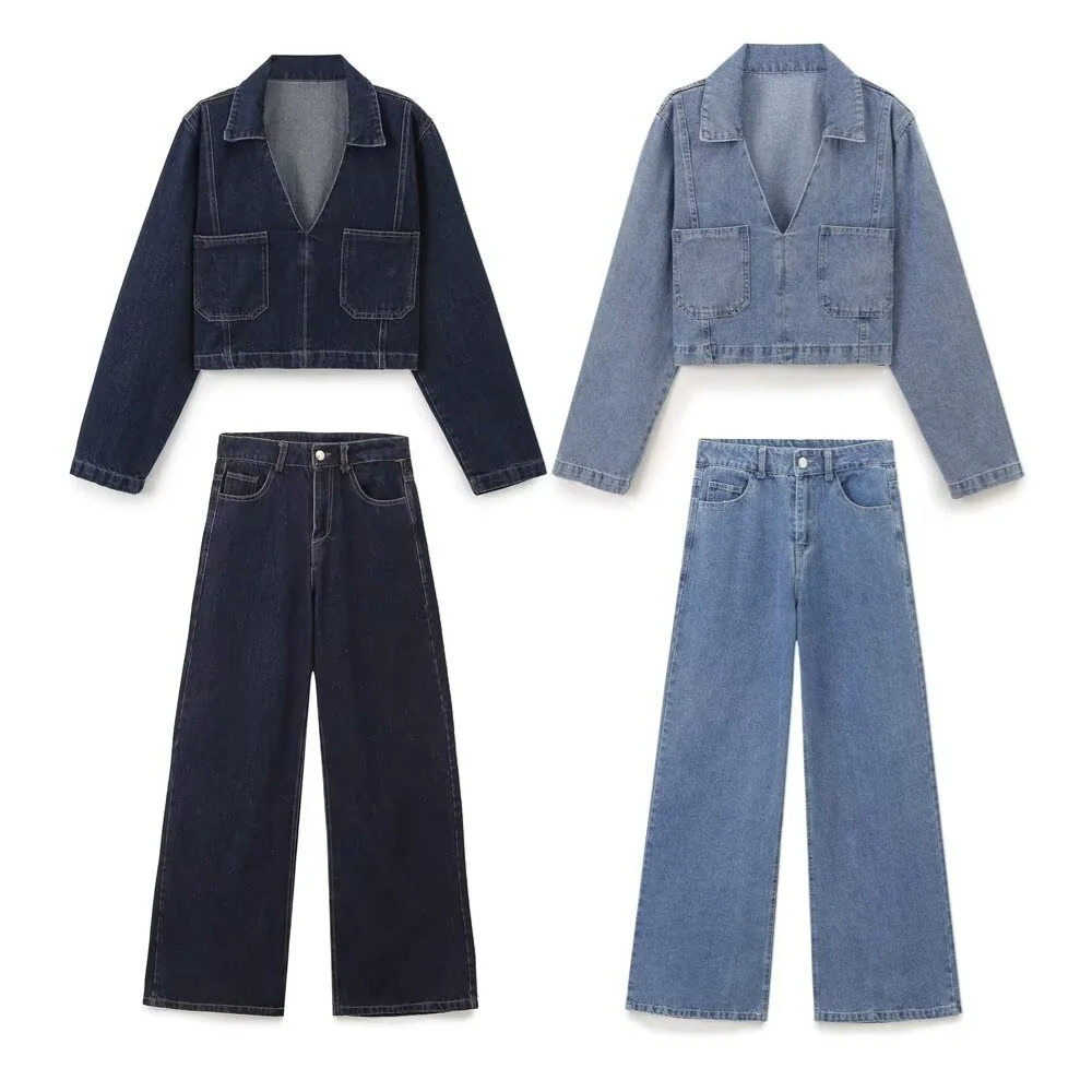 Autumn Womens Fashion Casual Collar Long Sleeve Short Denim Shirt High Waist Wide Leg Jeans Set 241118