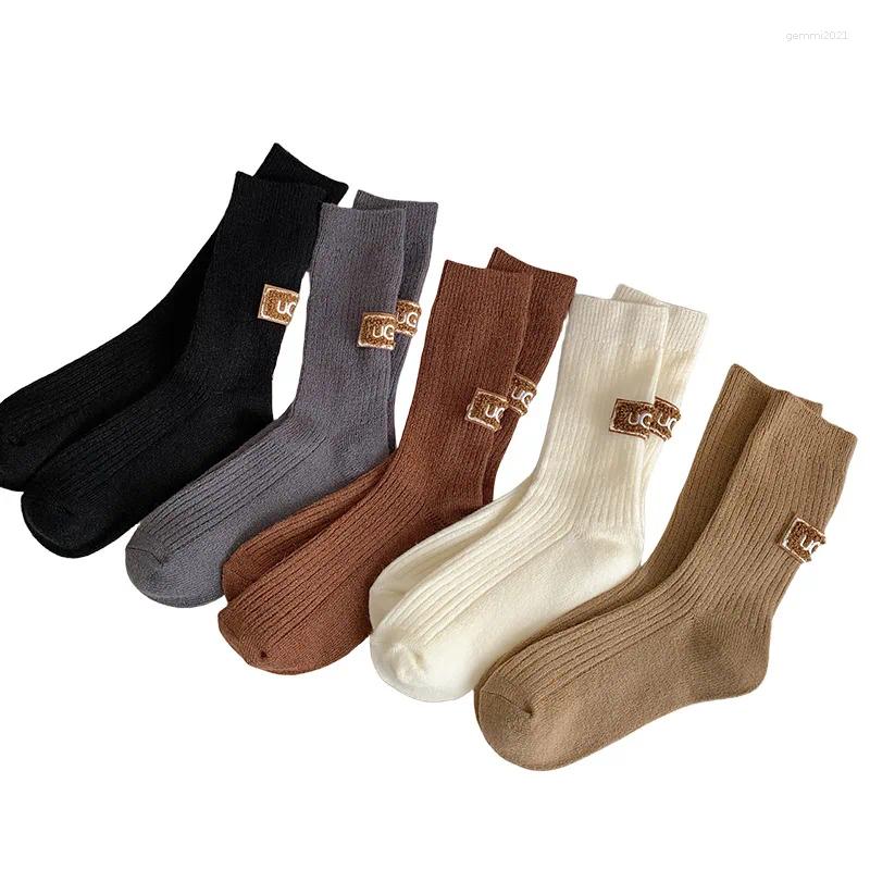 Women Socks 3 Pairs Winter Wool Cashmere Solid Warm Thickened Pile Embroidered Logo Mid-Calf Casual Snow Boot