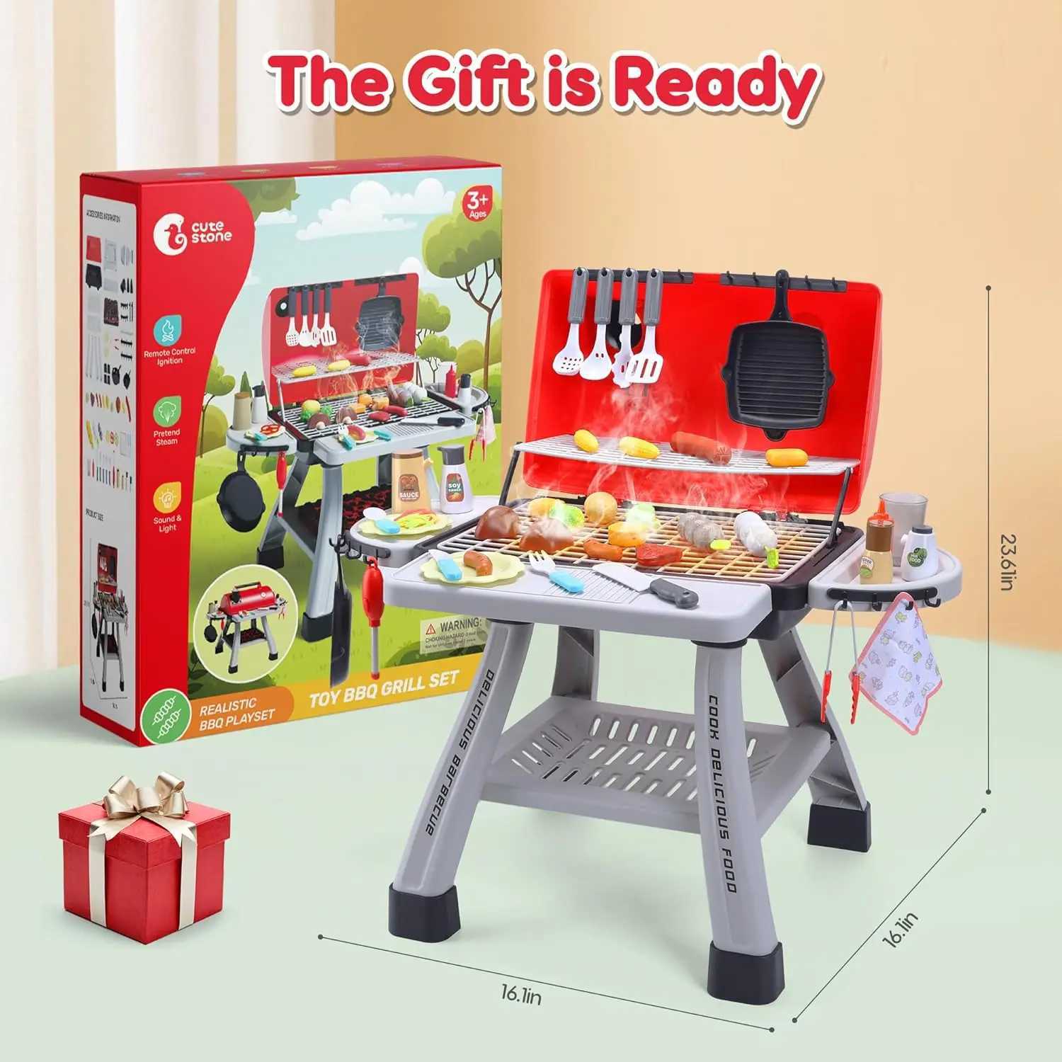 Cute Stone Childrens BBQ Grill ToyKitchen PlaysetRealistic Smoke BBQ Grill Playset with Toy Kitchen Accessories W241119