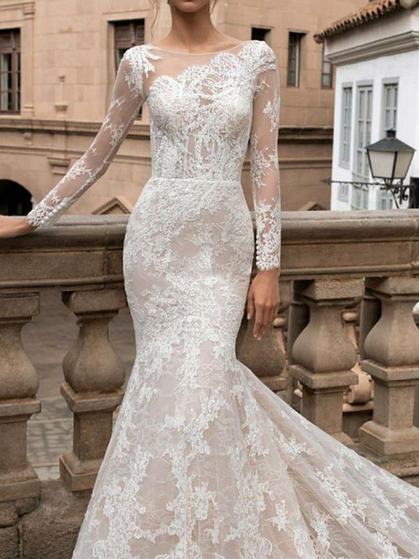 Modest Sleeve Lace Mermaid Wedding Dresses Sexy Backless Jewel Neck Appliques Ruched Long Bridal Gowns Robes de mariage BC18635