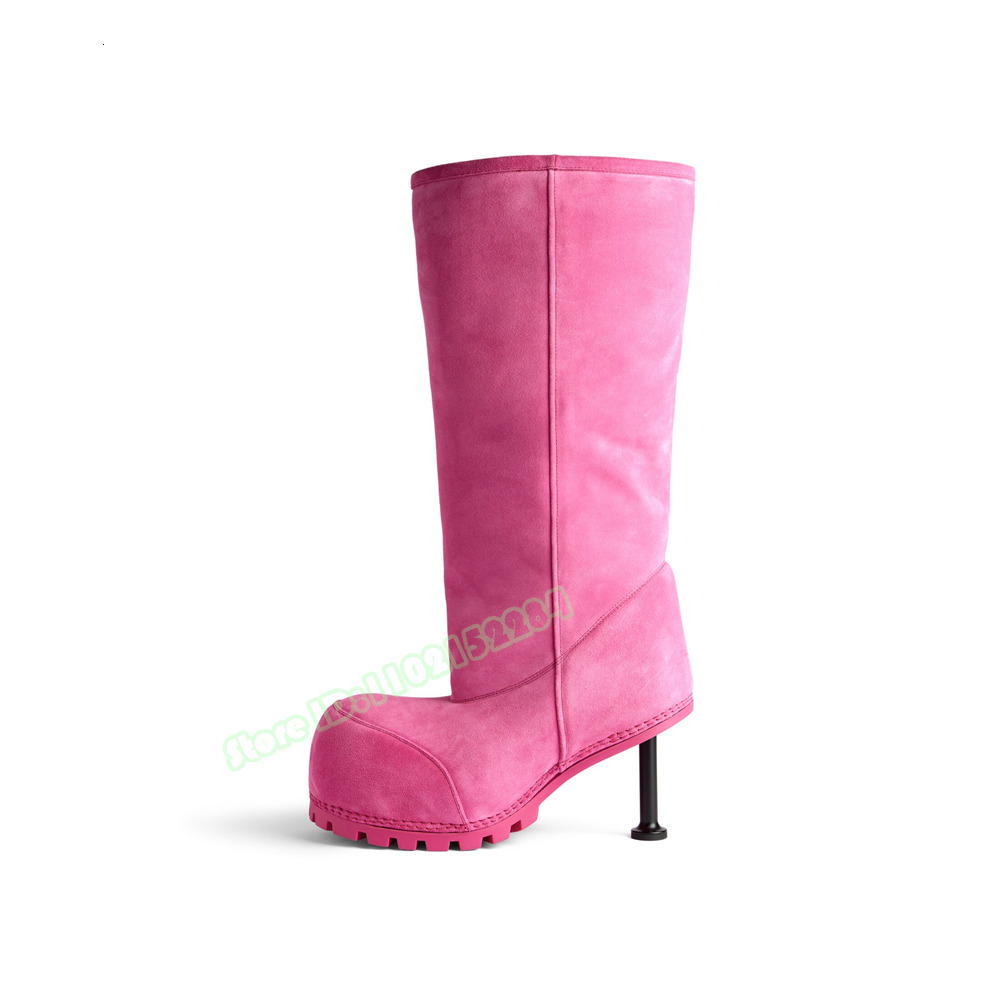 Fur Suede Knee Round Big Toe Thin High Heels Solid Women Shoes Winter Party Designer Slip On Long Warm Boots