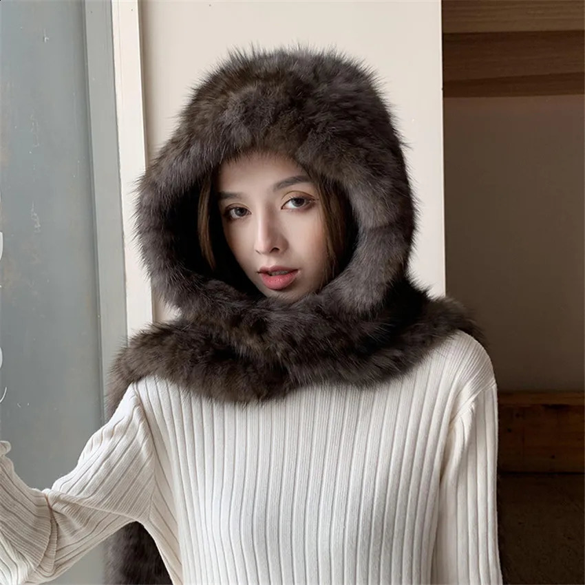 Women Winter Warm 100% Genuine Sable Fur Knitted Hooded Scarf Mink Hat Caps 241119