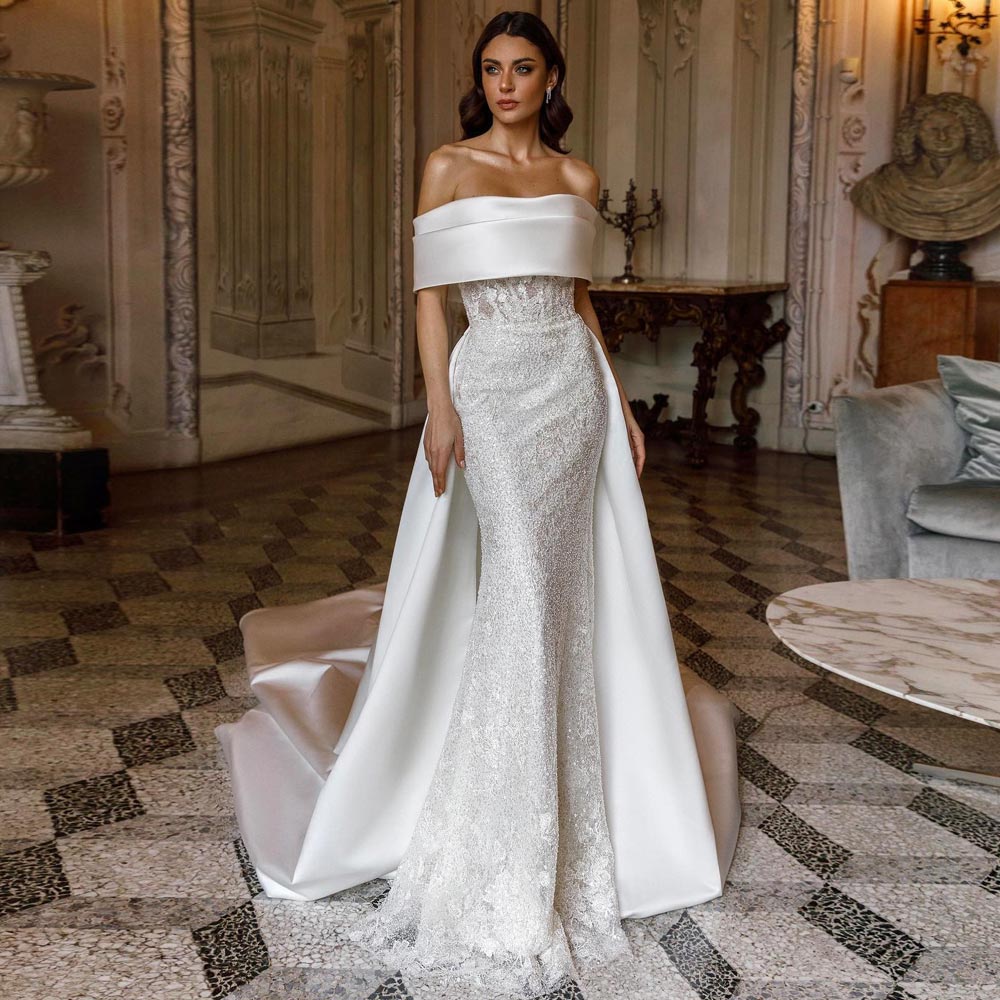 Sparkly Mermaid Sequined Wedding Dresses With Detachable Train Beaded Bridal Gowns Strapless Necke Vestido De Novia