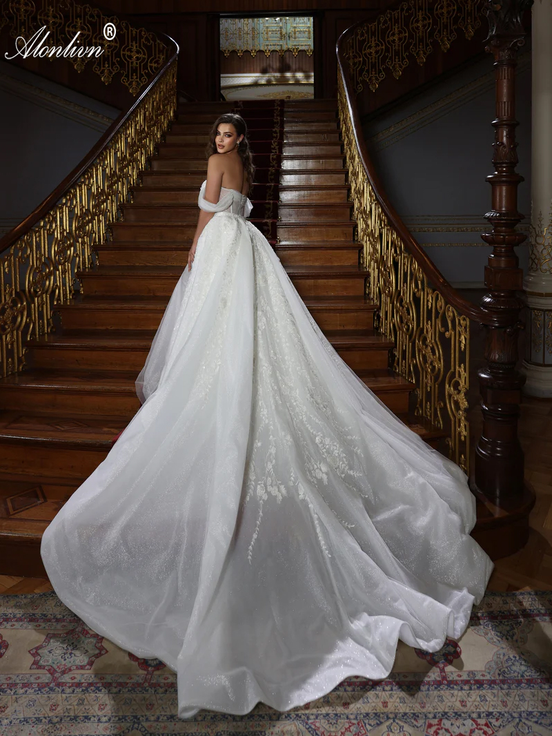 Elegance Beading Pearls wer Appliques Lace Sweetheart 2 In 1 Mermaid Wedding Dress With Removable train Off Shoulder Sleeves Trumpet Bridal Gowns