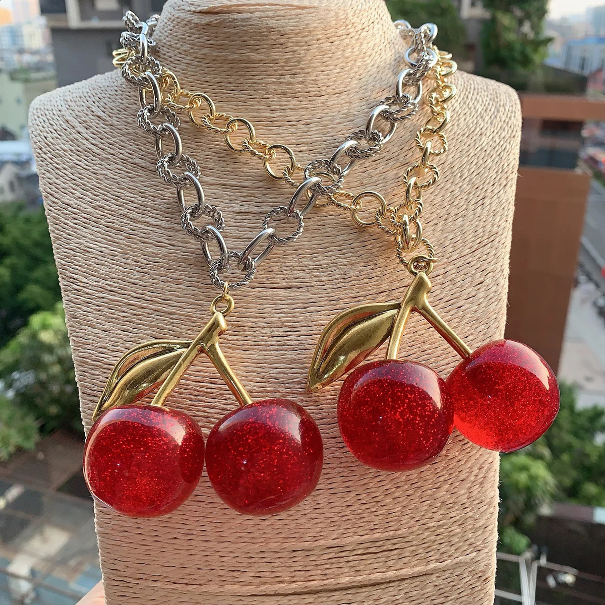 5 pieces red cherry pendant necklace jewelry accessories long neck cherry pendant necklace gold nugget chain 241119