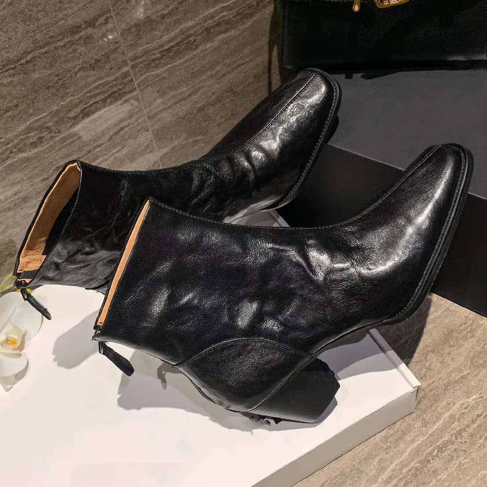 Elegant ladies 6cm thick med heel autumn ankle boots square toe pleated sheepskin soft comfortable short booties shoes for women 1f50