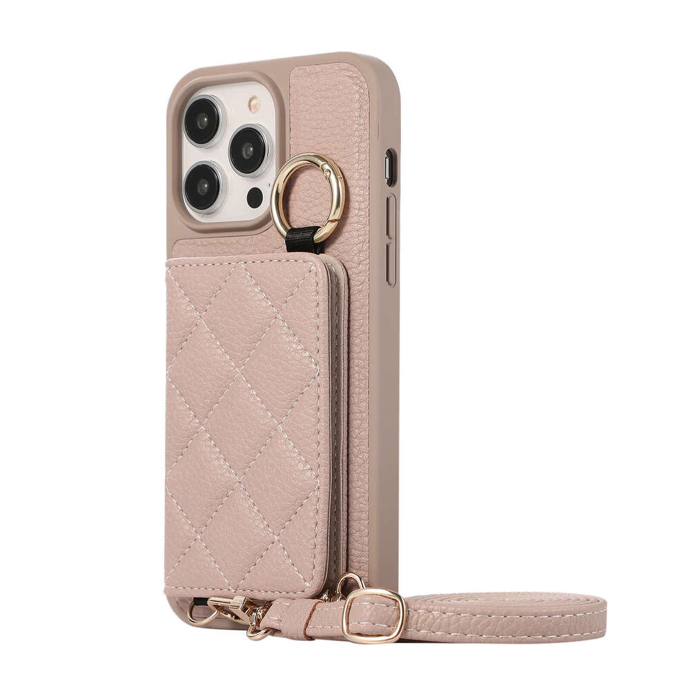 Suitable for iPhone 16 Pro phone case insert card Apple 15 Plus crossbody with mirror ring diamond grid protective cover