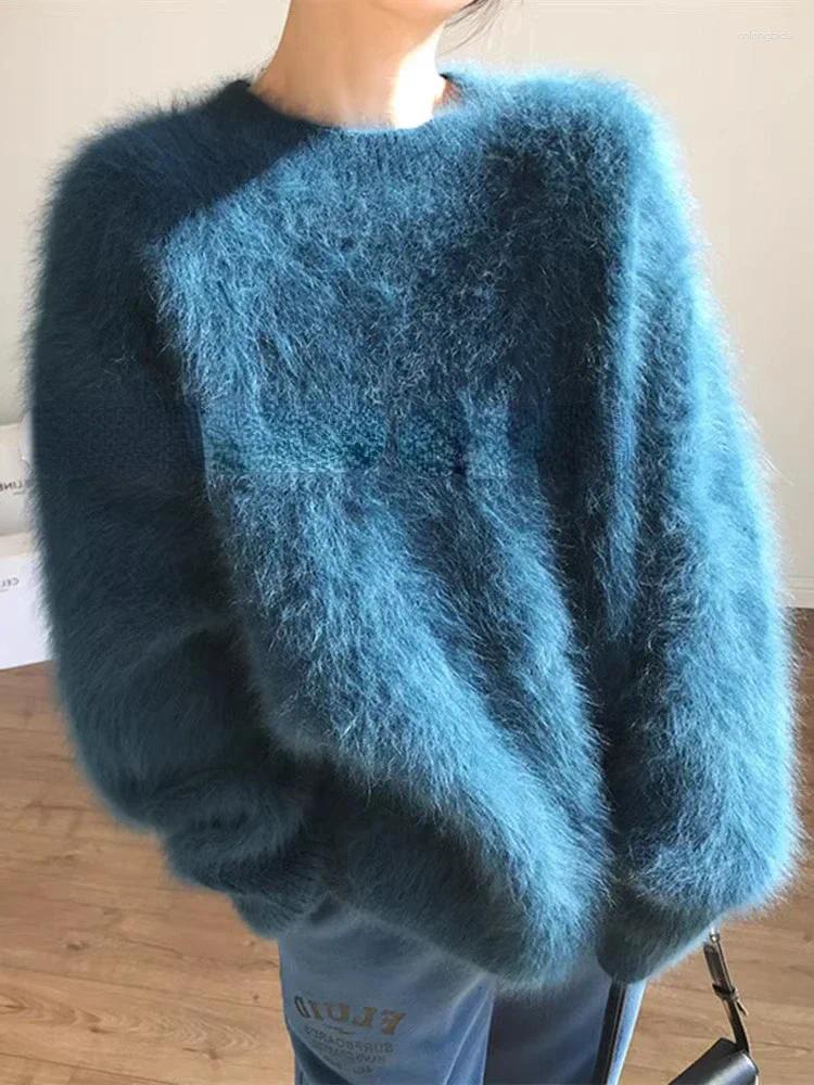 Women's Sweaters Blue Mink Fleece Sweater For Women Autumn Winter Thickened Soft Knitted Jumpers LOOSE Oversized Solid O Neck Pullovers