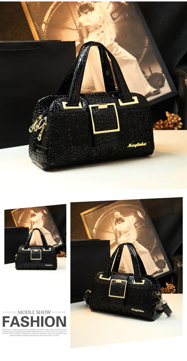Cowhide Leather Women Handbag Lace Crocodile Pattern Mother Bag Shoulder Messenger Three-Layer Middle-Aged Portable Boston Bags Genuine Leather BagVoy