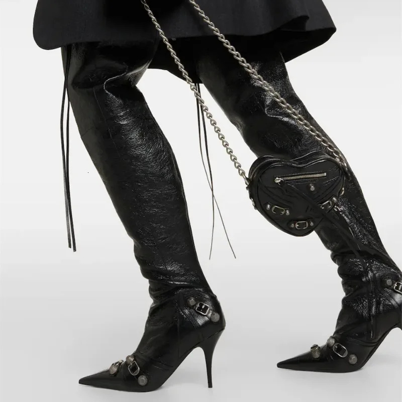 2023 Women's New Pointed Rivet European And American Sexy Spicy Girls High Heel Motorcycle Over Knee Zipper Boots