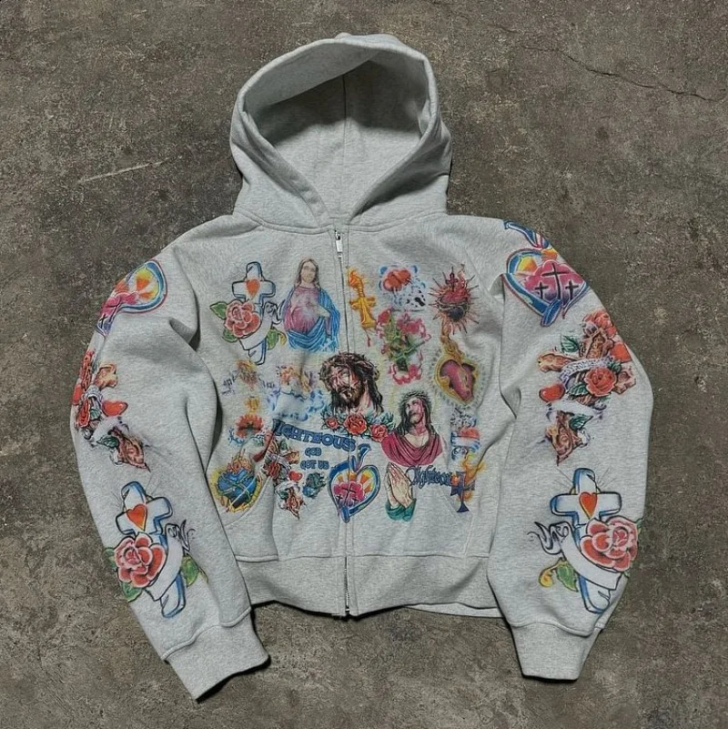 Vintage Risen King Graphic Print Large Zipper Mens Hoodie Y2K Autumn Long Sleeve Casual Sweatshirt Womens Style