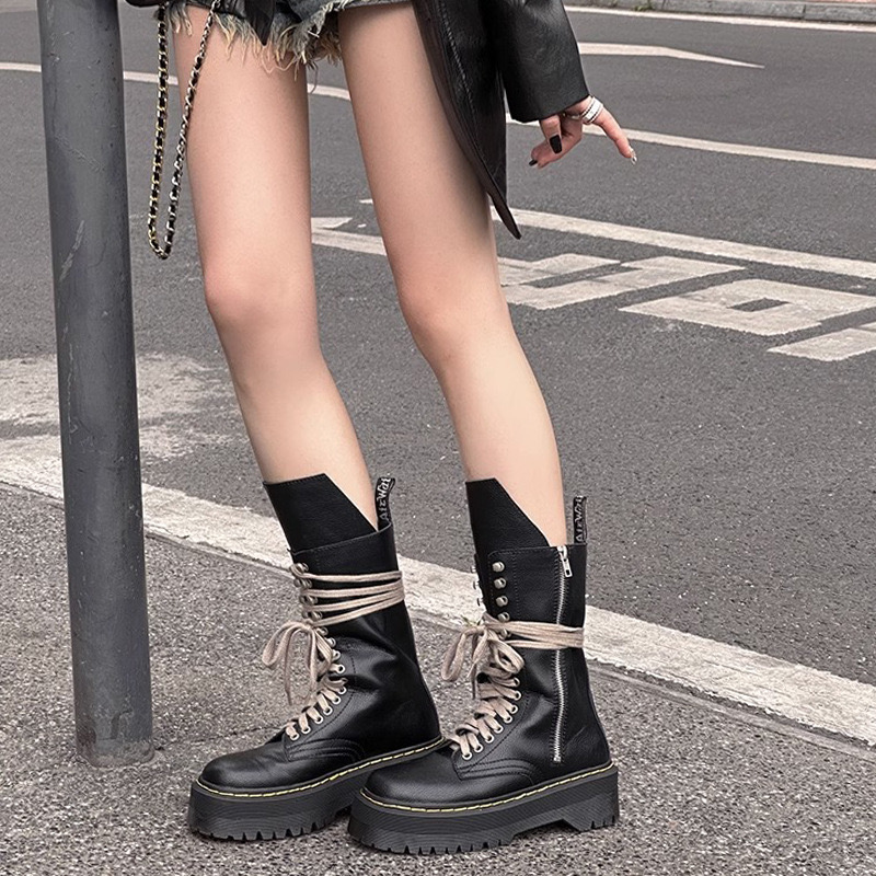 2025 new lace brand designer up mid-calf boots big toe rubber motorcycle bottes femme winter leather stovepipe booties for women 182c