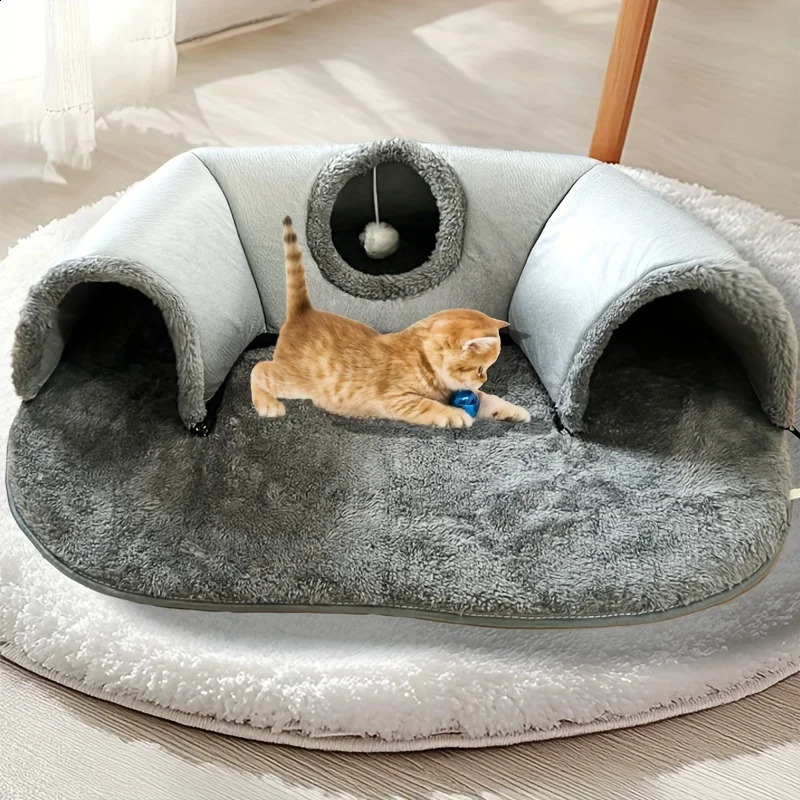 3-in-1 comfortable cat tunnel bed game pad with warm nest anti slip bottom suitable for small to medium-sized cats dogs rabbits and household pet kennel products 241119