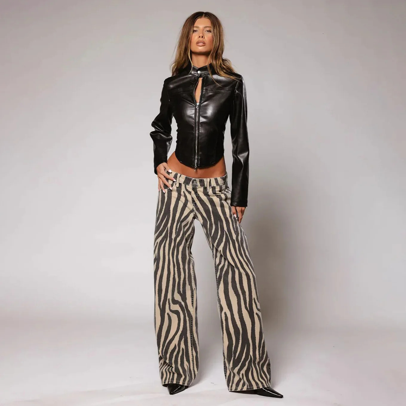 Fashionable low rise straight leg jeans for womens casual denim pants cross-border zebra print autumn street style 241118