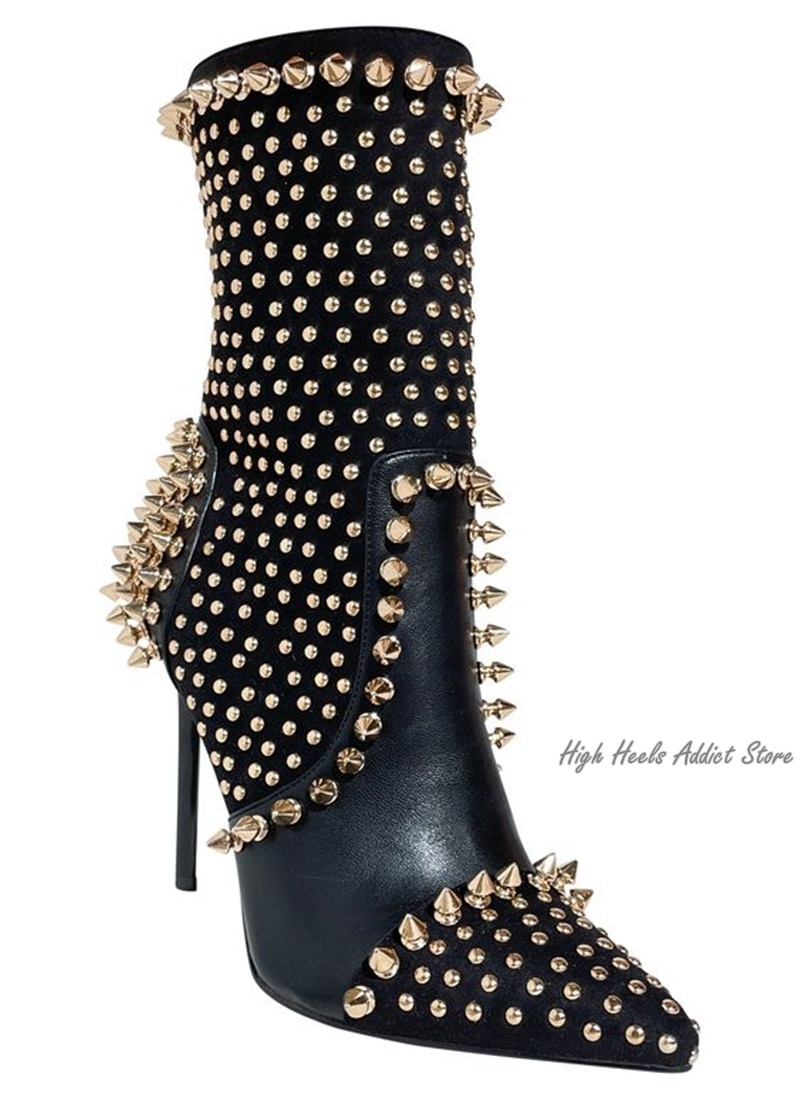 Black Studded Ankle Boots Women Sexy Full Stud High Heels Leather Booties Designer Party Stage Dress Shoes Free Shipping