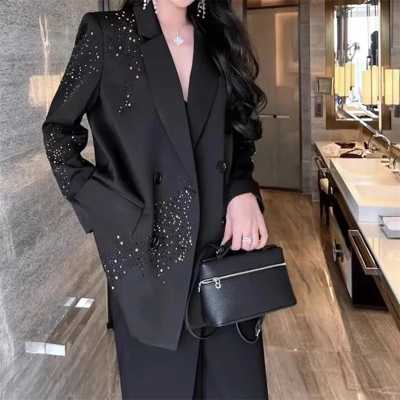 High-grade Rhinestone Black Small Suit Jacket Female 2025 Spring and Autumn Double-breasted Loose Casual Fashion Blazer Top 241118