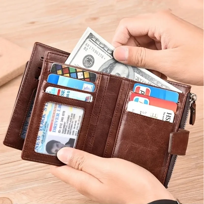 Men's RFID-Blocking Leather Zippered Wallet with Business Card Holder - Elegant PU Material