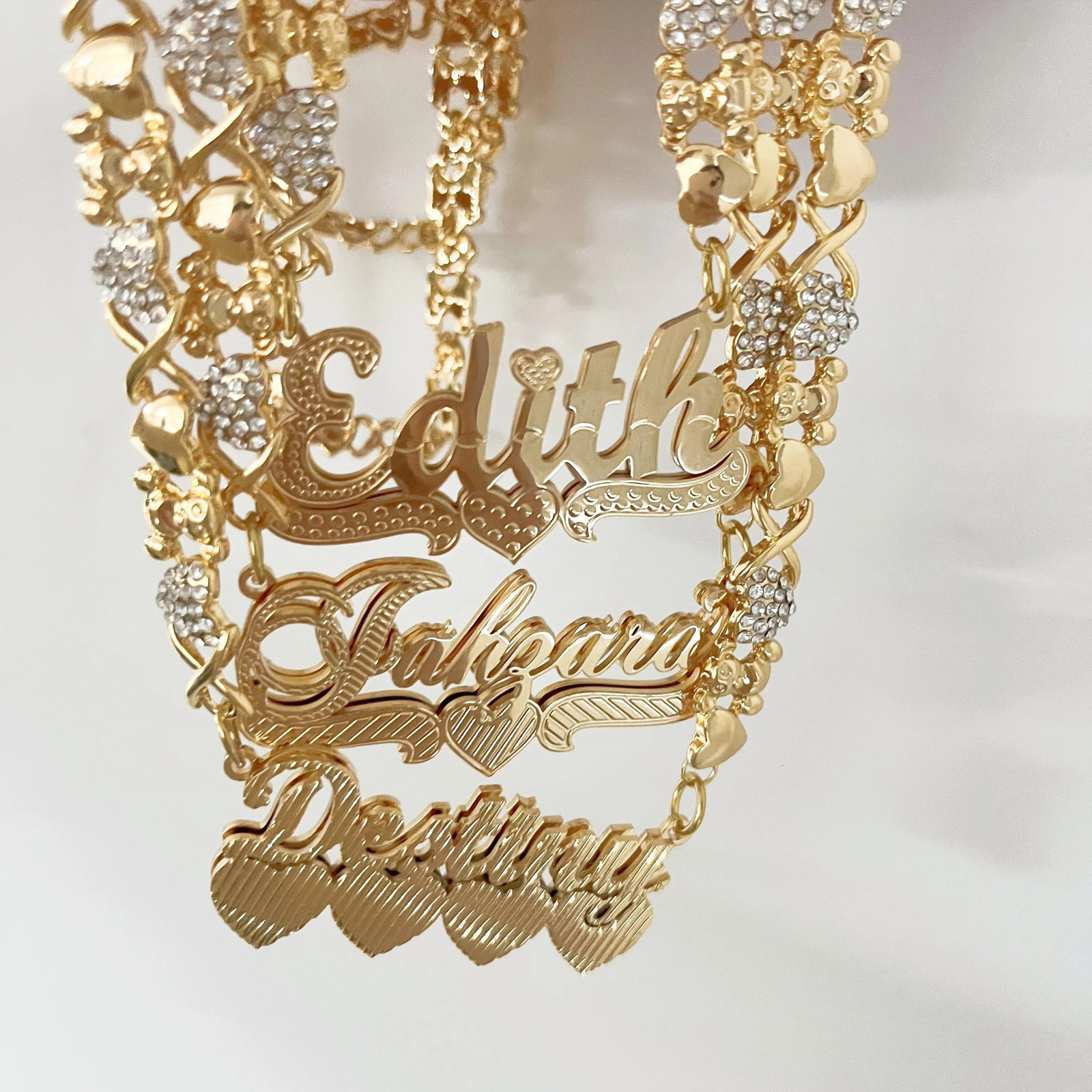 Personalized Teddy Bear Chain Name Necklace with Diamond 3D Double Layer Name Board DIY Custom Name Necklace Gold Womens Gift 241118 - view 5