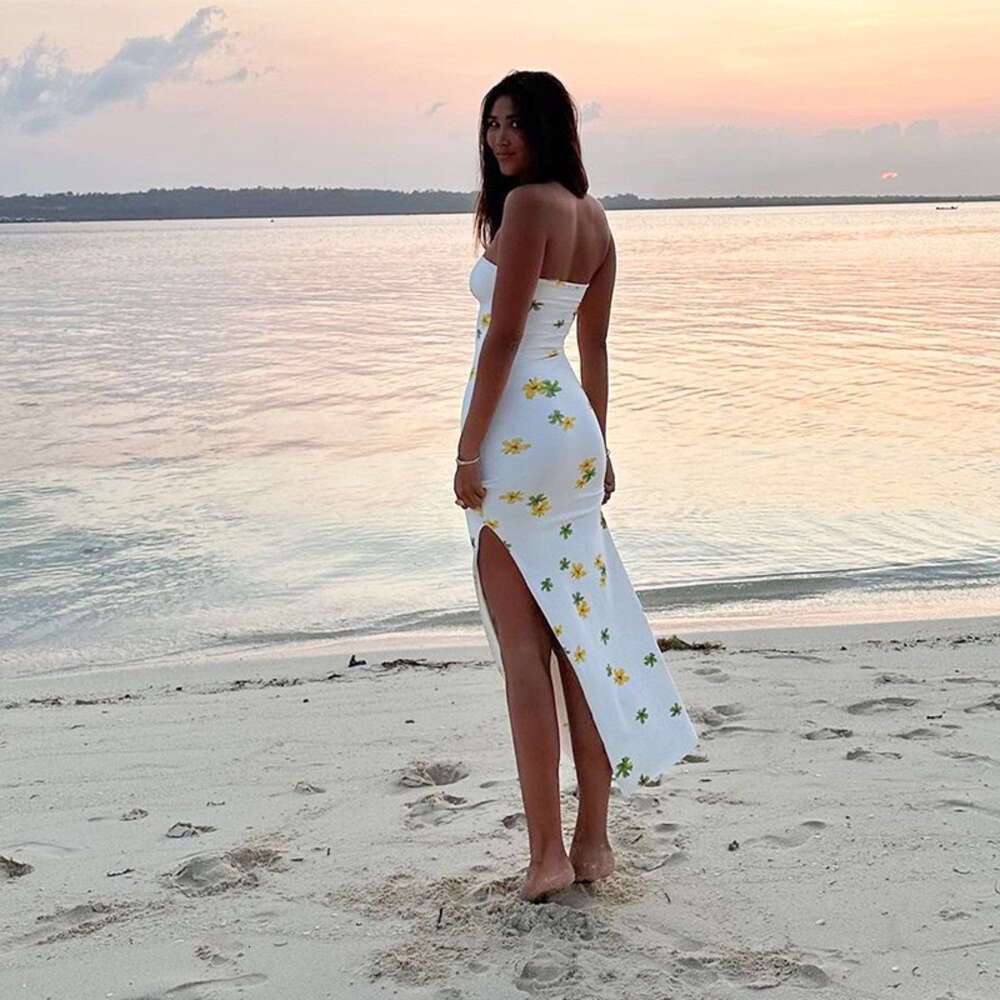 Instagram Holiday Style Sexy Wrapped Chest 2024 New Slim Fit Flower Print Split Long Dress F41921