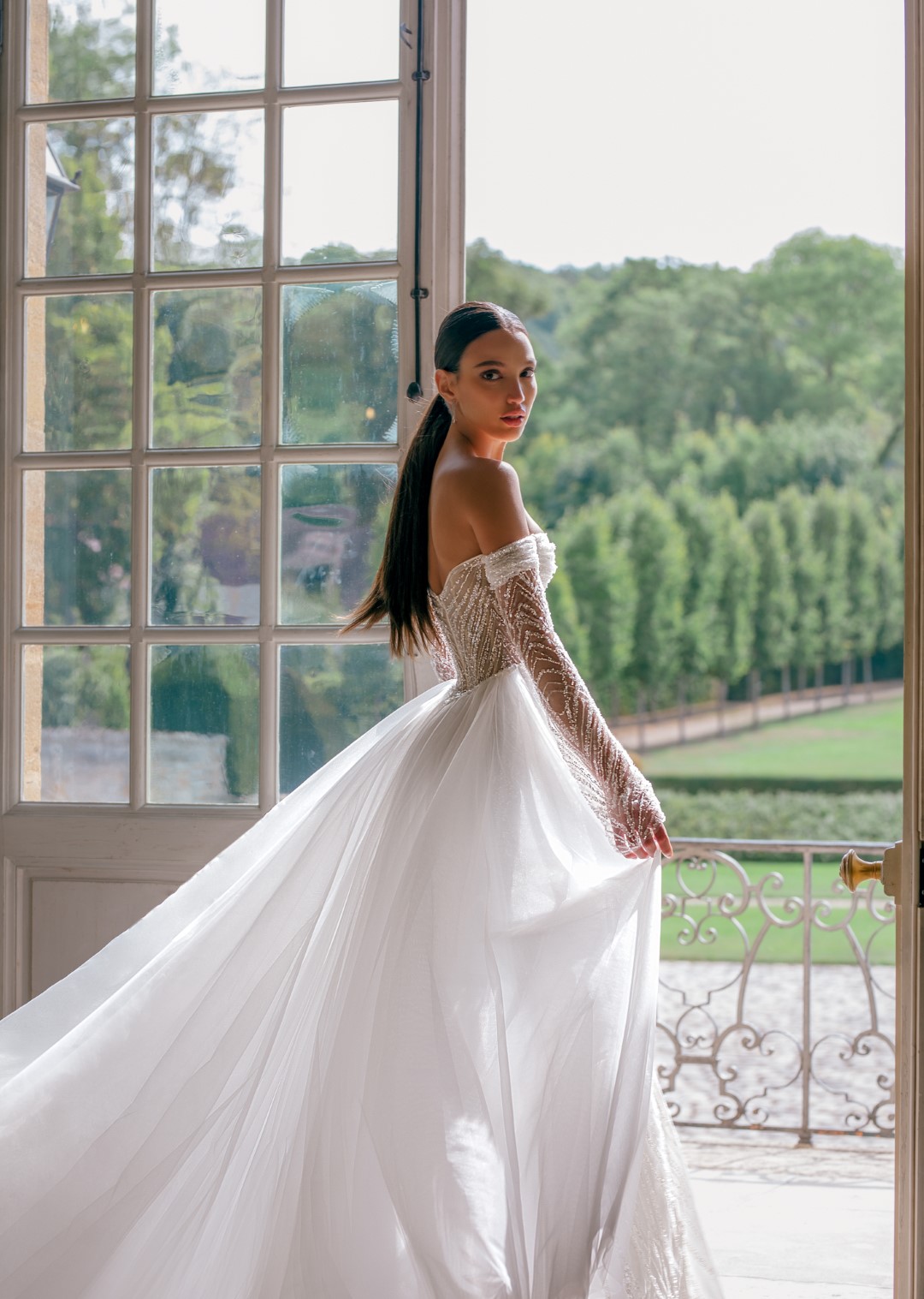 Elegance Beading Sequined And Pearls Lace Ruched Strapless 2 In 1 Mermaid Wedding Dress With Removable train Off Shoulder Full Sleeves Trumpet Bridal 