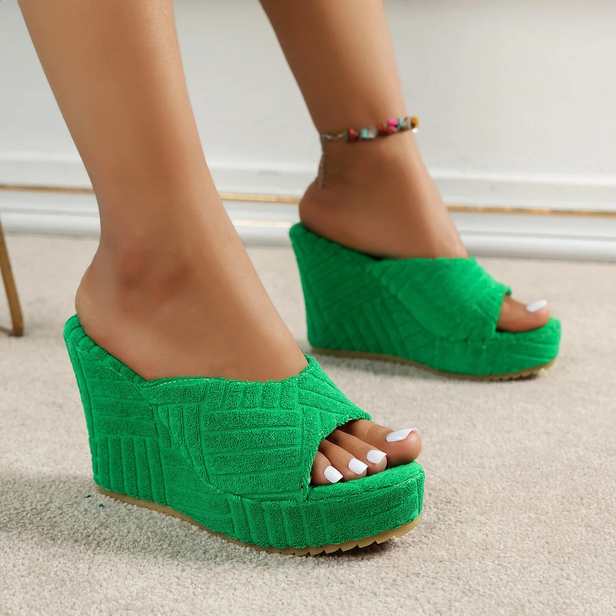 2024 Women SpringSummer High Heel Waterproof Table Towel Plush Solid Color Fish Mouth Sandals Outdoor Fashion Slippers 241118