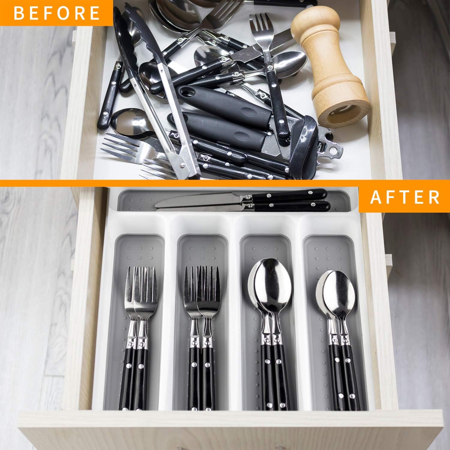 LeMuna Silverware Tray for Drawer, Plastic Cutlery Tray Kitchen Drawer Organizer, 5 Compartment Flatware Cutlery Organizer, Soft-Grip Lining and Non-S