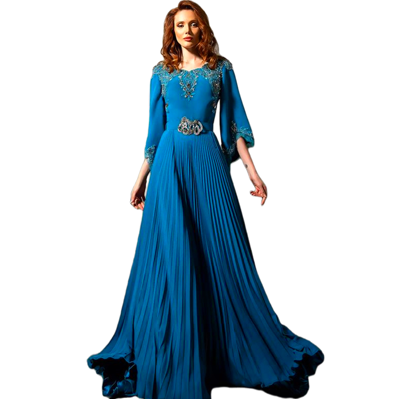 Elegant Pleats A Line Long Mother Of The Bride Dresses Lace Appliques Crew Neck Half Sleeves Blue Wedding Guest Dress Empire Waist Groom Mom Formal We