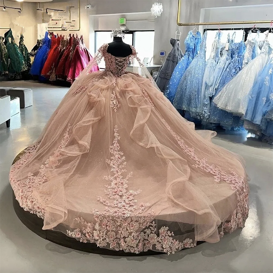Pink princess Quinceanera Dresses with Cape 3D wer Applique Lace-up Corset Cinderella Prom birthday Sweet 16 Dress 2024