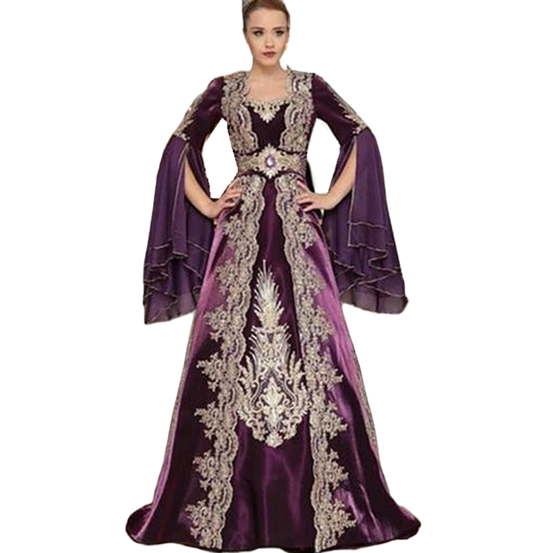 Elegant Turkey Caftan Purple Velvet Evening Dresses With Gold Lace Appliques Crystal Beaded A Line Floor Length Formal Event Gowns Flare Long Sleeves 
