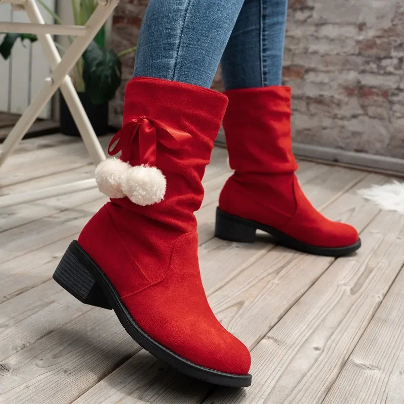 2024 Winter Womens Fluffy Bowknot Ball Decor Boots Slip on Casual Chunky Heel Suede Boots Christmas Mid Calf Boots 241118