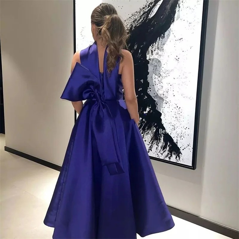 Blue Short Prom Formal Dress Satin Halter Bow Elegant Tea Length A-line Evening Party Gowns For Women Saudi Arabia Robe De Soiree Vestido Gala