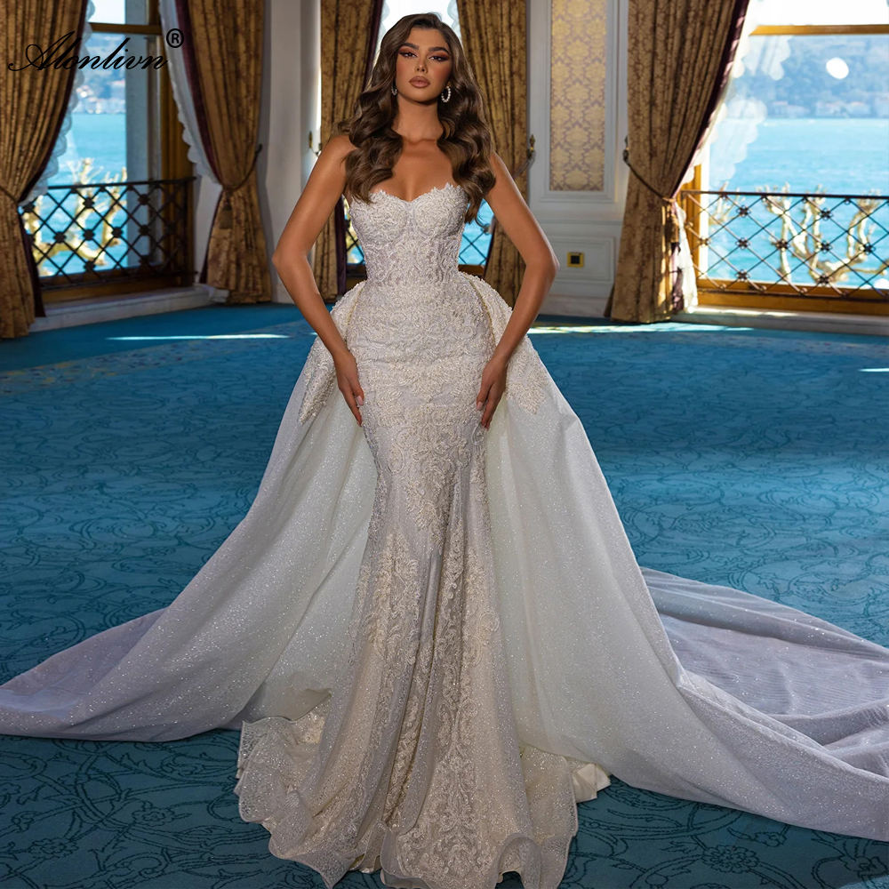 Sparkly Lace Sweetheart 2 In 1 Mermaid Wedding Dress With Removable train Sleeveless Luxury Beading Pearls Appliques Trumpet Bridal Gowns
