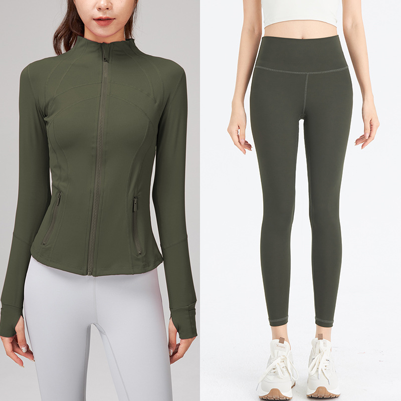 5A Gold Jacket and 25'' pant set Women Define Workout Coat two sets Sports Quick Dry Active Top Solid Zip Sweatshirt Sport wear