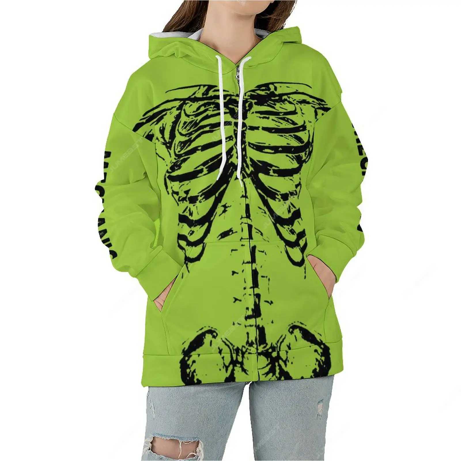 New Arrival Giant Neon Green Mechanical Skeleton Mens Zipper Hoodie Dark Academy Horror Hoodie Gothic Raincoat Z241118