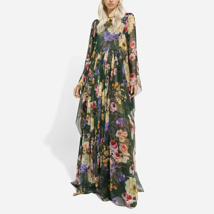 Green Floral Print Long Sleeve Maxi Dress for Women - Flowy & Comfortable C260312