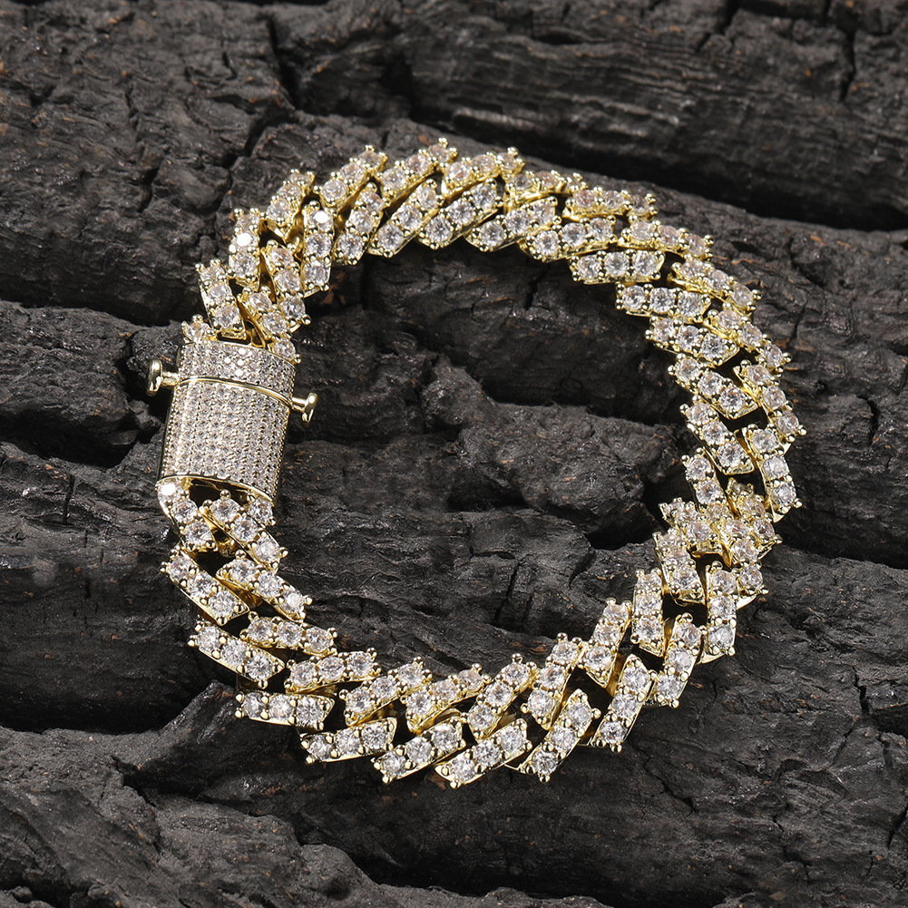 12MM Spring Buckle Diamond Cuban Link Chain Necklace Bracelet Hip Hop Iced Out Cz Cubic Zirconia Prong Personalized Trendy Diamond Mens Neck Wrist Jew