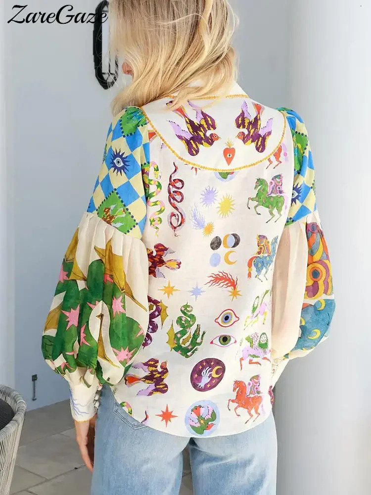 Fashion Printed Women Chiffon Shirt Bubble Sleeve Lapel Button Loose Blouse Spring Summer Elegant Lady Top 240412